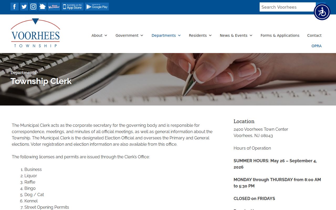 Voorhees residents directory township Clerk and OPRA route